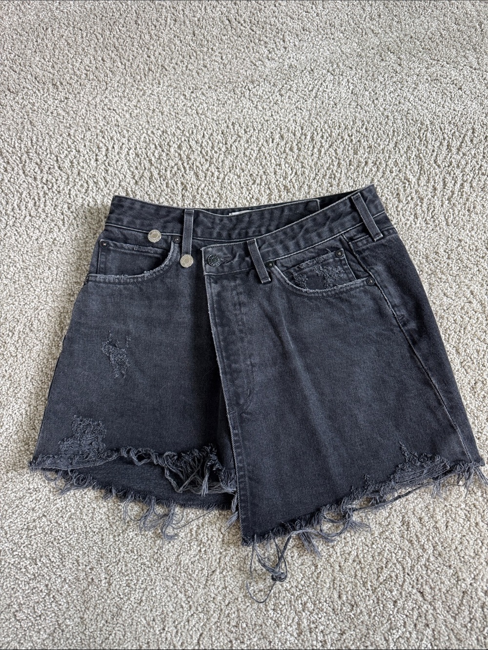 AGOLDE Black Asymmetrical Wrap Denim Distress Skirt 25